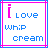 Pixelated of four and four showing text 'i love whip cream' with alternating pink and blue color variations across frames