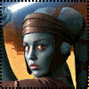 Blue-skinned character with brown headwrap and brown clothing against yellow and blue background