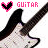 Pixelated image of a white electric guitar with black accents, displayed in four quadrants with pink text and heart symbols above each section.