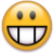 Yellow circular emoji face with two dark gray oval eyes and a wide open mouth showing four white teeth separated by black vertical bars.