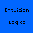 Blue background with pixelated text 'Intuicion' above 'Logica', two instances of the text pair, and a yellow-green gradient circle appearing in one instance.