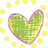 Green heart with pink outline surrounded by yellow dots on white background, pink fabric draped over gray structure, peace symbol in colorful splatter frame, and 'mackenzie' text on yellow.