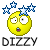 Yellow pixelated face with wide eyes and open mouth, blue stars above head, gray text 'DIZZY' below; four variations show star positions shifting left to right.