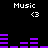 Pixelated digital display showing purple audio equalizer bars and white 'Music' text with '<3' symbols on black background.