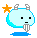 A 2x2 grid of four pixel-art animated frames showing a light blue cartoon character with gray horns, black square eyes, and a striped mouth, each frame differing in star color above its head or facial expression.