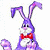 Pixelated purple rabbit with long ears, red bow tie, and white muzzle on white background; green text 'Original Icons .com' on dark green