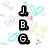 Black block letters J, B, G stacked vertically on white background with colorful pixelated hearts and text fragments.