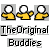 Three pixelated figures in yellow shirts with white circular heads, positioned side-by-side against a gray background, with text below reading "TheOriginal Buddies".