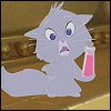 Animated sequence of a gray cartoon cat holding a pink bottle, with text changes indicating coughing and voice loss.