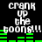 Black background with white pixelated text reading 'crank up the boops!!!' and green horizontal bars resembling audio equalizers, displayed in a repeating pattern