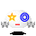 Pixelated white head with yellow star, blue spiral eye, red mouth; gray wavy lines on sides and black shapes below.