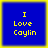 Four identical blue square icons with yellow borders display yellow pixelated text reading "I Love Caylin" in a