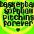 Green and yellow pixelated icon with repeated text 'basketball softball pitching forever' and small heart symbols, displayed in a