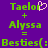 Purple background with green pixelated text reading 'Taelor + Alyssa = Besties(:' and a pink heart symbol replacing the 'o' in 'Taelor' on the left side.
