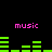 Black background with pink 'music' text and green audio equalizer bars in two horizontal , each showing distinct bar patterns