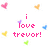 Pixelated icon with pink text 'i love trevor!' surrounded by colored hearts on white background.