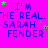 A bright pink background displays repeated blue text reading "I'M THE REAL 'HE REAL. SARAH... FENDER" with scattered green and purple stars.