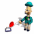 Animated pixel art of a man in teal uniform with green accents, beige pants, and blue shoes holding a red-and-purple object; mouth opens/closes across frames.