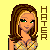 Pixel art buddy icon of a woman with long brown hair and green eyes wearing a yellow patterned top against a solid yellow background, with the word "HATER" in vertical brown text on the right side.