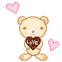 Two pixel-art teddy bears holding heart-shaped objects with 'LOVE' text, surrounded by floating hearts in a static contact sheet layout.