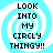 Four identical pixelated display a light blue spiral background with black text reading LOOK INTO MY CIRCLY THINGY!! in blocky font