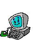 Pixelated computer monitor with cyan face displaying five distinct expressions on gray background.