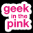 Static pixelated icon featuring pink text "geek in the pink" inside a white speech bubble on black background.
