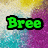 Pixelated green text 'Bree' with black outline on a multicolored pixel background blending yellow, white, blue, and purple hues.