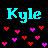 Pixelated cyan text 'Kyle' floats above scattered red and pink heart shapes on a dark pixelated background.
