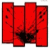 Four vertical red panels with dark borders, each containing small black pixel clusters and lines on a solid red background.