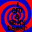 Four identical display a red and blue spiral background with black text reading "I am a sexy baller" in pixelated font