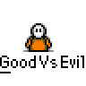 Animated contact sheet of a pixel art character in orange outfit with multiple expressions and text bubbles across 19 frames showing good vs evil transformation sequences, including angelic, demonic, and distressed states.