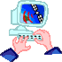 Pixelated animation of hands typing on a keyboard with a computer monitor displaying a blue screen with red curved lines and a black-and-white striped object.