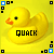 A 2x2 contact sheet of four animated frames showing a yellow rubber duck with the word "QUACK" in pixelated text, each frame displaying different text background styles against a solid yellow backdrop.