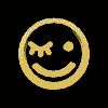 Golden circular icon with winking eye and smile, displayed in multiple orientations including front-facing, side views, and vertical profile.