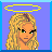 Pixel art contact sheet showing three frames of an animated angel-themed buddy icon with text elements and a halo symbol.