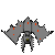 Pixelated gray bat-like figure with orange accents, shown in two poses against a light gray background.