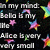 Black background with scattered multicolored stars and white text fragments reading 'in my mind', 'Bella is my life', 'Alice is very very small', 'and Jacob is a jealous flea bag', 'Emmett is my best friend', 'Jasper is uncontrolled', 'Rosalie is hurt'.