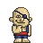 Pixel art of a bald character with a black eyepatch over the right eye, wearing blue overalls with a red belt, standing with arms crossed against a gray background.