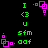 Animated pixel art displays green text and pink geometric shapes on black background, with alternating color states across four visible frames.