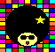 Pixelated character with afro hairstyle, yellow star, sunglasses, and open mouth on colorful background