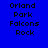 Four blue display pixelated text reading 'Orland Park Falcons Rock' with varying light effects across the
