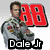 A pixelated image of Dale Jr. in a racing suit with red '88' numerals, next to Justin McBride wearing a cowboy hat and red shirt.