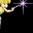 Pixelated figure with light hair holding a glowing purple star-like object against black background.