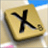 A pixelated golden-brown square icon with a black X symbol centered on its face, set against a light beige background with blue and white accents.