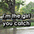 Pixelated landscape with trees and water background, overlaid with black-outlined white text reading "I'm the girl you catch singing in the rain".