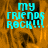Pixelated cyan text 'my friends rock!!!' on a blurred orange-brown background with visible motion blur effects.