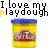 Play-Doh containers with blue lids and yellow bodies, surrounded by repeated text reading "I love my playdough" in black and yellow pixelated font