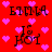 Red background with pink heart shapes and black text reading "EMMA IS HOT" in a pixelated style.