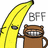 Yellow banana with a face and a brown cartoon character holding it, with 'BFF' text above on a white background.